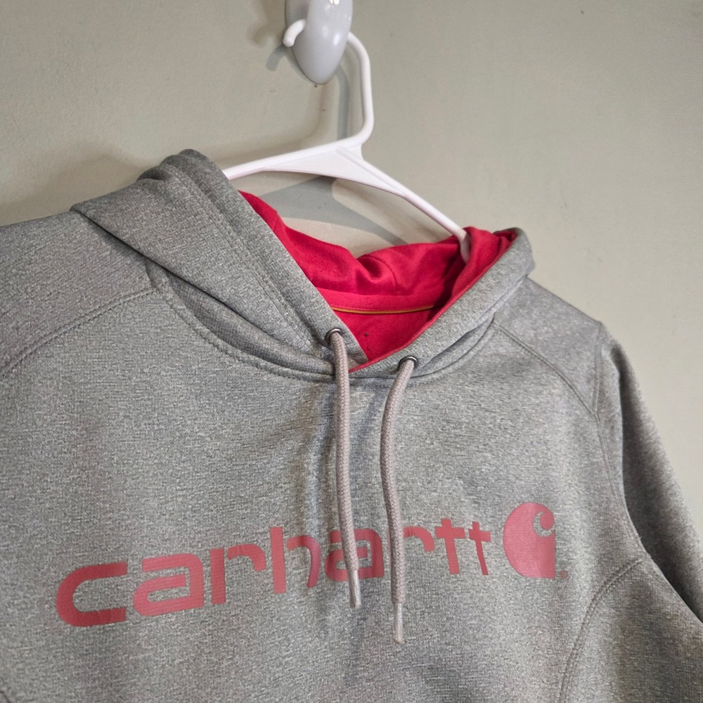 Carhartt Force Hoodie Womens Small S Gray Pink Graphic Pullover Sweatshirt Logo